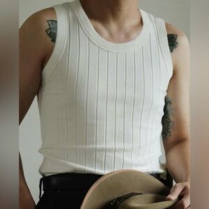 DISLANBO Men’s White Ribbed Knit Casual Sleeveless Tank Top